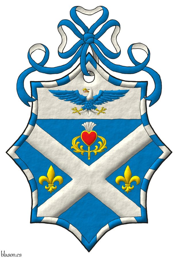 Escudo de azur, un sotuer de plata acompa�ado en jefe de un cardo de oro, florido de plata, en faja de dos flores de lis de oro; en un jefe de plata, un �guila calva de azur, cabeza y cola de plata, picada, armada y membrada de oro, lampasada de gules; una bordura jironada de treinta y seis piezas de azur y plata; brochante sobre el todo un coraz�n de gules perfilado de oro. Timbrado de un lazo de azur doblado de plata.