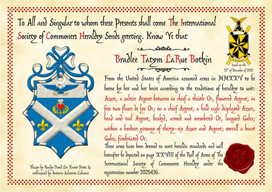 Azure, a saltire Argent between in chief a thistle Or, flowered Argent, in fess two fleurs de lys Or; on a chief Argent, a bald eagle displayed Azure, head and tail Argent, beaked, armed and membered Or, langued Gules; within a bordure gyronny of thirty-six Azure and Argent; overall a heart Gules, fimbriated Or. Crest: A ribbon Azure doubled Argent.