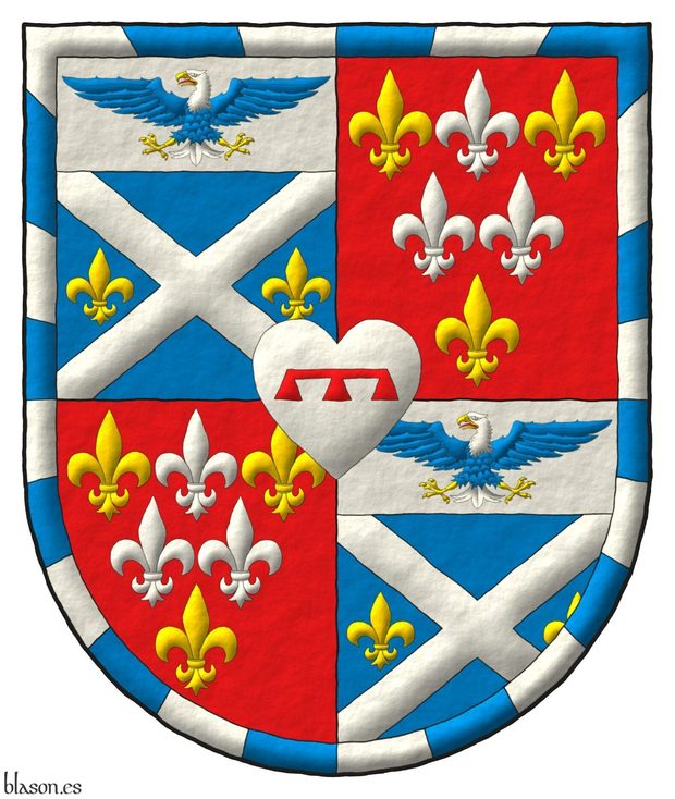 Escudo cuartelado: 1o y 4o de azur, un sotuer de plata acompa�ado en faja de dos flores de lis de oro; en un jefe de plata, un �guila calva de azur, cabeza y cola de plata, picada, armada y membrada de oro, lampasada de gules; 2o y 3o de gules, seis flores de lis, en jefe una de plata entre dos de oro, en faja dos de plata y en punta una de oro; una bordura jironada de veinticuatro piezas de plata y azur; brochante sobre el todo un coraz�n de plata cargado de un lambel de gules.