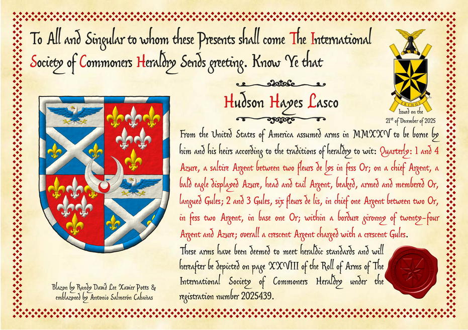 Quarterly: 1 and 4 Azure, a saltire Argent between two fleurs de lys in fess Or; on a chief Argent, a bald eagle displayed Azure, head and tail Argent, beaked, armed and membered Or, langued Gules; 2 and 3 Gules, six fleurs de lis, in chief one Argent between two Or, in fess two Argent, in base one Or; within a bordure gyronny of twenty-four Argent and Azure; overall a crescent Argent charged with a crescent Gules.