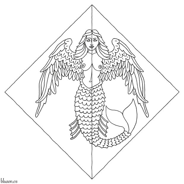 Escudo partido de plata y gules, una sirena con alas de cisne por brazos del uno al otro.
