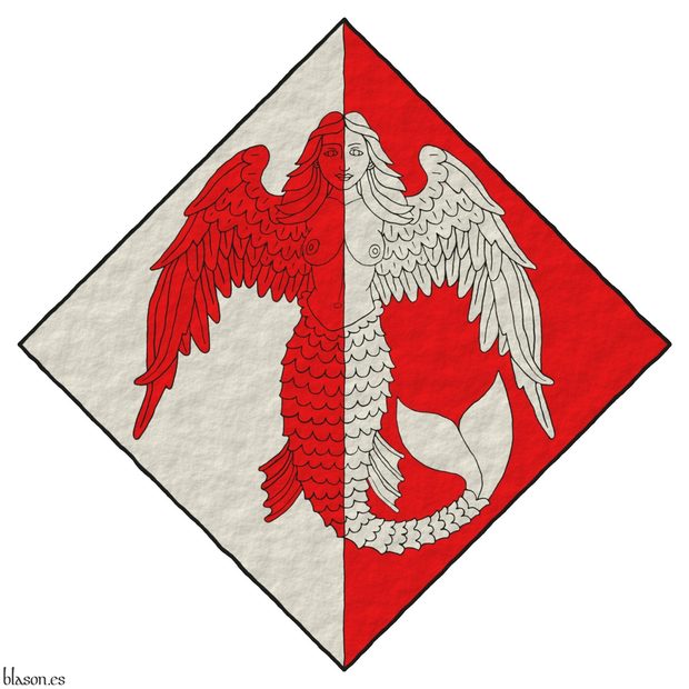Escudo partido de plata y gules, una sirena con alas de cisne por brazos del uno al otro.