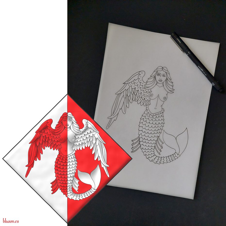 Escudo partido de plata y gules, una sirena con alas de cisne por brazos del uno al otro.