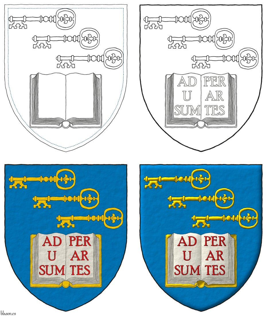 Azure, in chief three keys in bend, fesswise, to dexter, facing downwards Or, in base an open book Argent, garnished Or, the pages inscribed «Ad usum per artes» Gules.