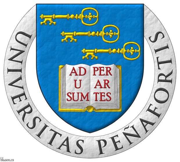 Azure, in chief three keys in bend, fesswise, to dexter, facing downwards Or, in base an open book Argent, garnished Or, the pages inscribed «Ad usum per artes» Gules. Motto: «Universitas Peñafortis».