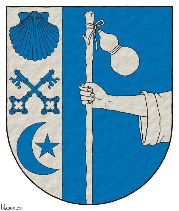 Tierce: 1 Argent, two keys points upwards, in saltire, between in chief an escallop, and in base a mullet of five points environed at dexter by a crescent bendwise azure; 2 Azure, a dexter arm vested, issuant from sinister, grasping a pilgrim's staff palewise, issuant from base, tied to it a gourd bendwise Argent.