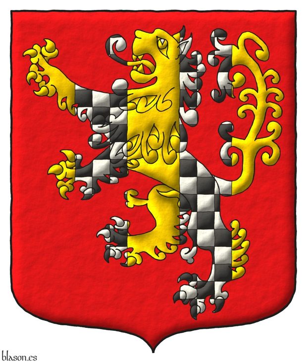 Gules, a lion rampant Or, charged with a pallet gemel chequey Argent and Sable.