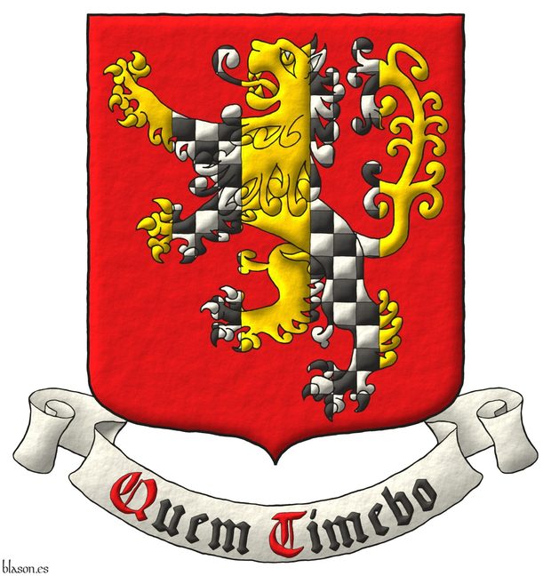 Gules, a lion rampant Or, charged with a pallet gemel chequey Argent and Sable. Motto: Quem Timebo depicted as Sable with initial letters Gules over a scroll Argent.