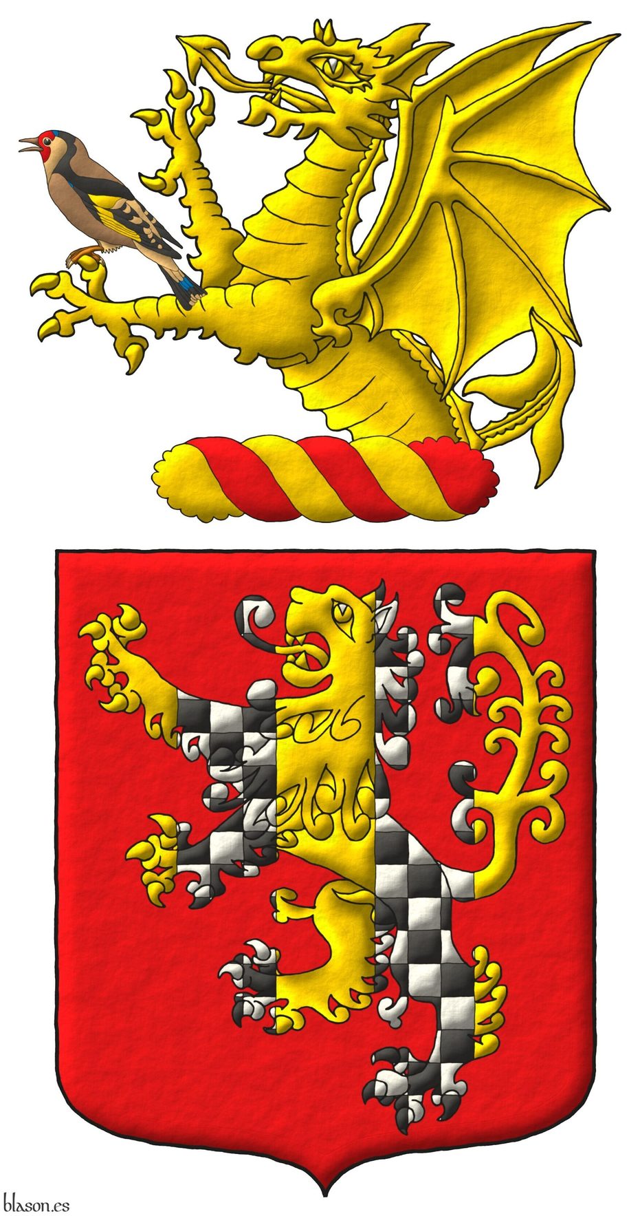 Gules, a lion rampant Or, charged with a pallet gemel chequey Argent and Sable. Crest: Upon a wreath Or and Gules, a demi-dragon Or, perched upon its sinister a goldfinch speaking proper.