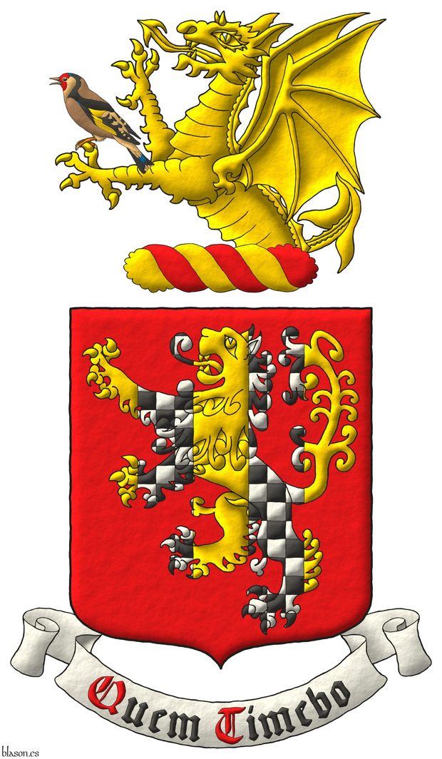 Gules, a lion rampant Or, charged with a pallet gemel chequey Argent and Sable. Crest: Upon a wreath Or and Gules, a demi-dragon Or, supporting with its sinister a goldfinch speaking proper. Motto: Quem Timebo depicted as Sable with initial letters Gules over a scroll Argent.