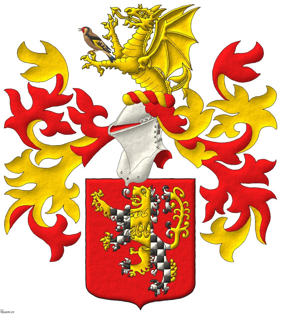 Gules, a lion rampant Or, charged with a pallet gemel chequey Argent and Sable. Crest: Upon a helm with a wreath Or and Gules, a demi-dragon Or, supporting with its sinister a goldfinch speaking proper. Mantling: Gules doubled Or.