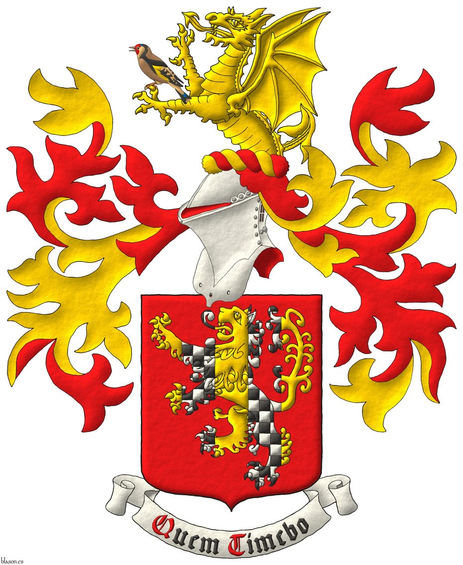 Gules, a lion rampant Or, charged with a pallet gemel chequey Argent and Sable. Crest: Upon a helm with a wreath Or and Gules, a demi-dragon Or, supporting with its sinister a goldfinch speaking proper. Mantling: Gules doubled Or. Motto: Quem Timebo depicted as Sable with initial letters Gules over a scroll Argent.