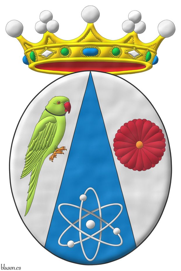 Azure chap Argent, in dexter an Indian ringneck parrot proper, in sinister a Japanese red chrysanthemum proper, in base an atom Argent. Crest: A crown of Marquise.
