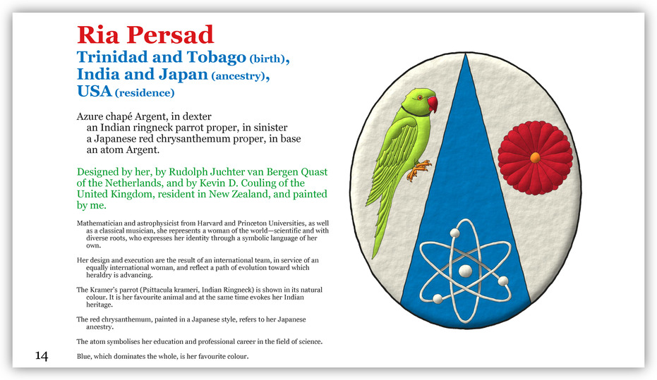 Azure chap� Argent, in dexter an Indian ringneck parrot proper, in sinister a Japanese red chrysanthemum proper, in base an atom Argent.