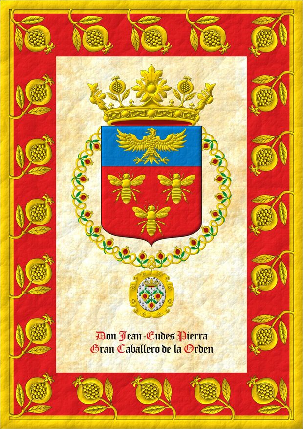 Escudo de gules, tres abejas de oro; un jefe cosido de azur, un �guila de oro. Timbrado de una corona de la Soberana y Muy Noble Orden de la Granada. El escudo est� rodeado por el collar de la Soberana y Muy Noble Orden de la Granada.