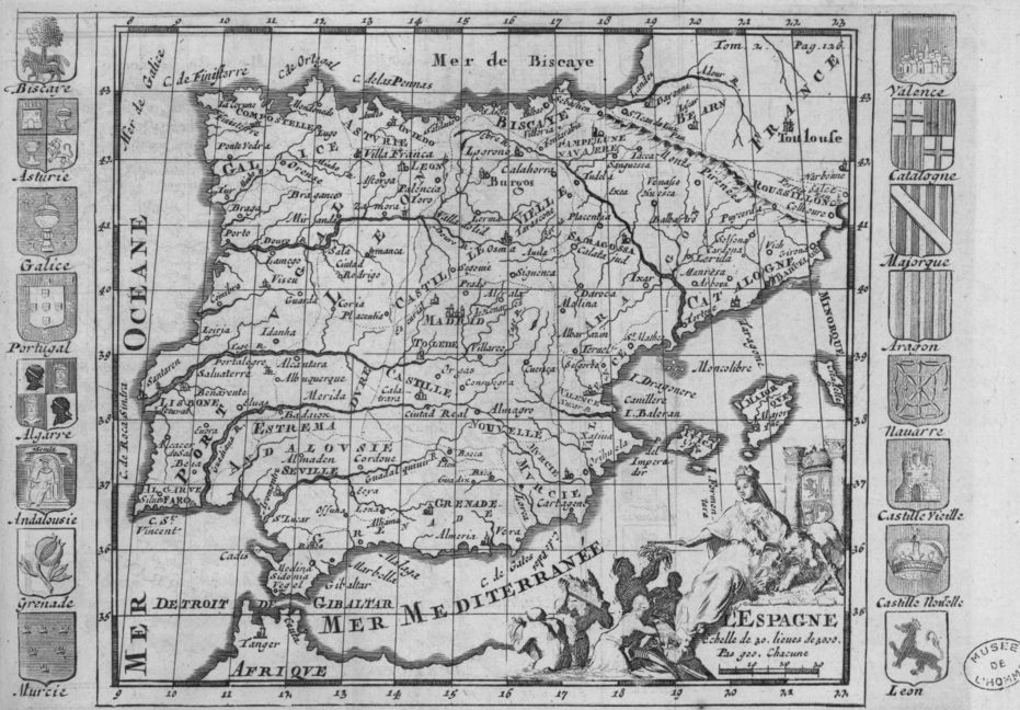 L'Espagne, map with coats of arms, Nouvelle G�ographie.