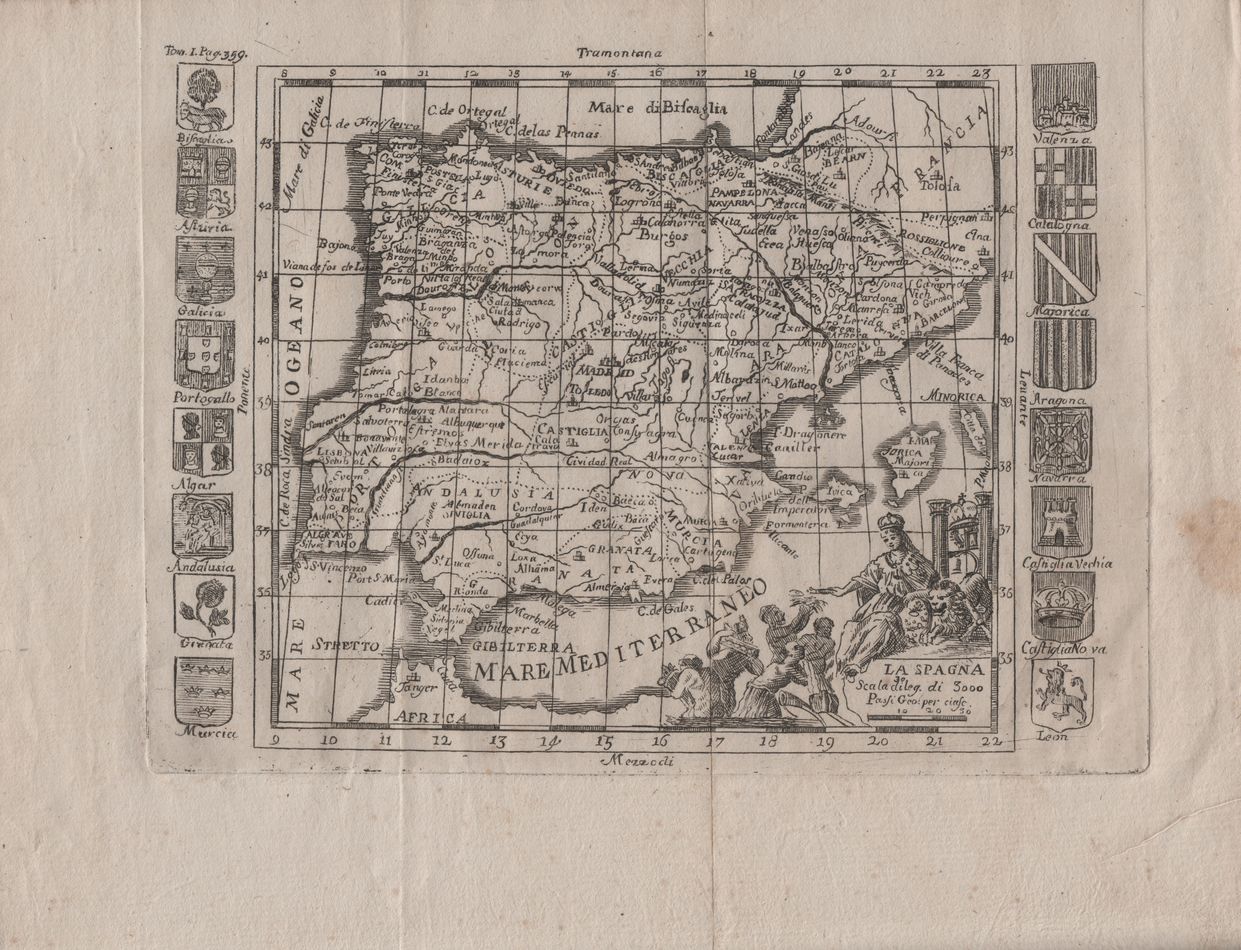 Spagne, Italian version of the map with coats of arms, Nouvelle G�ographie.