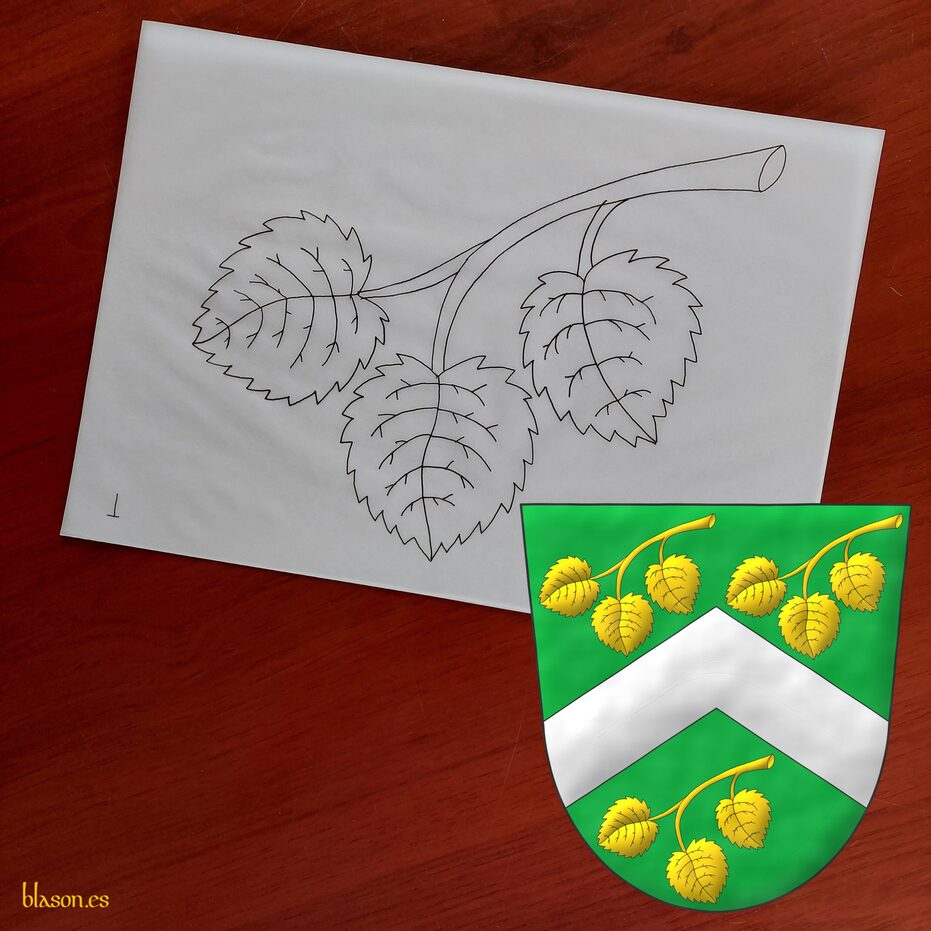 Escudo de sinople, un chevron de plata acompaado de tres ramitas de tilo, de tres hojas, arqueadas, puestas en barra de oro.