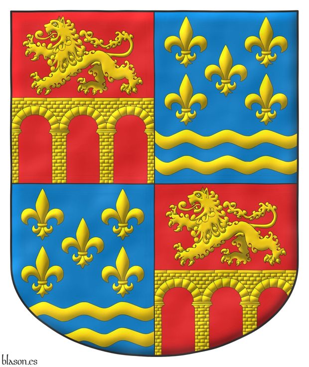 Quarterly: 1 and 4 Gules, a three arch bridge issuant from base and throughout Or; 2 and 3 Azure, five fleurs de lis, in base two bars wavy Or.