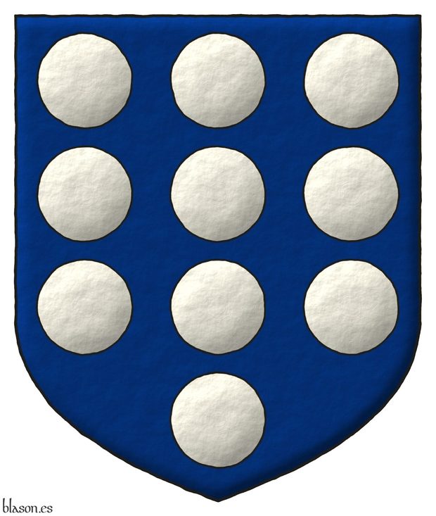 Escudete de azur, diez bezantes de plata, 3, 4 y 3.