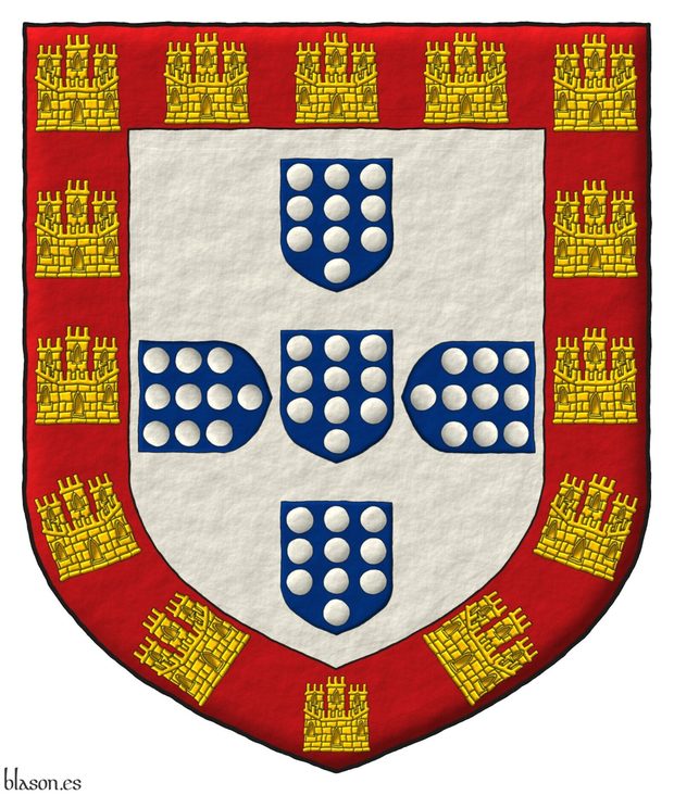 Escudo de plata, cinco escudetes en cruz de azur, cada uno cargado de diez bezantes de plata, 3, 4 y 3; una bordura de gules, cargada de catorce castillos de oro, 4, 2, 2, 2 y 4.