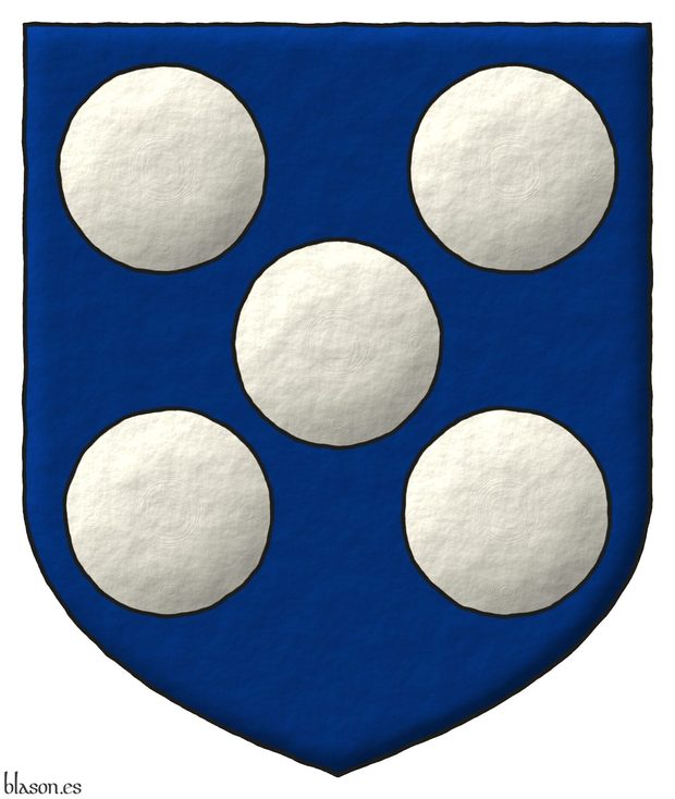 Escudete de azur, cinco bezantes en sotuer de plata.