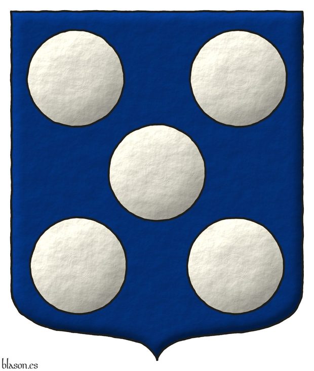 Azure, five plates in saltire.