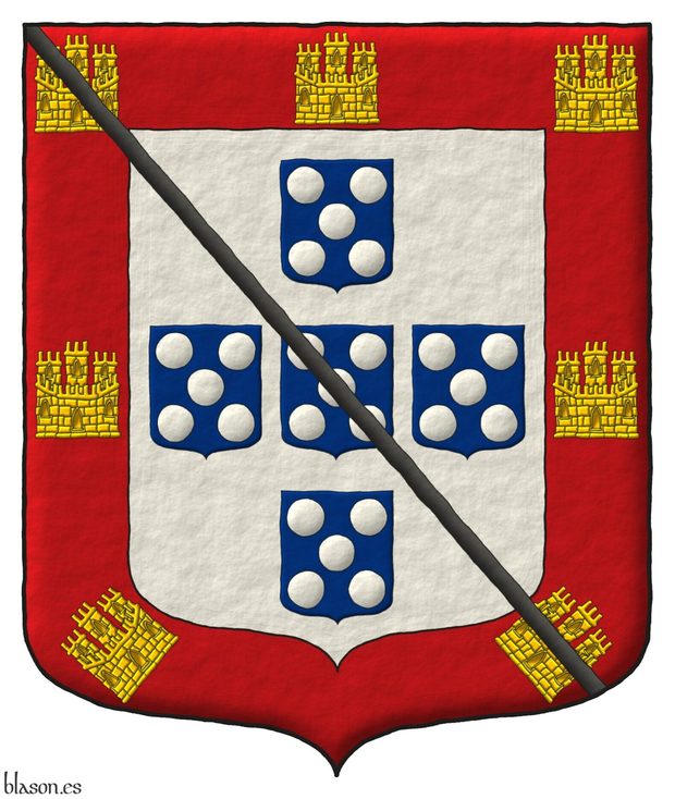 Argent, five escutcheons in cross Azure, each charged with five plates in saltire, a bordure Gules, charged with seven castles triple-towered Or, 3, 2, and 2 [for Portugal]; the whole debruised by a baston Sable.