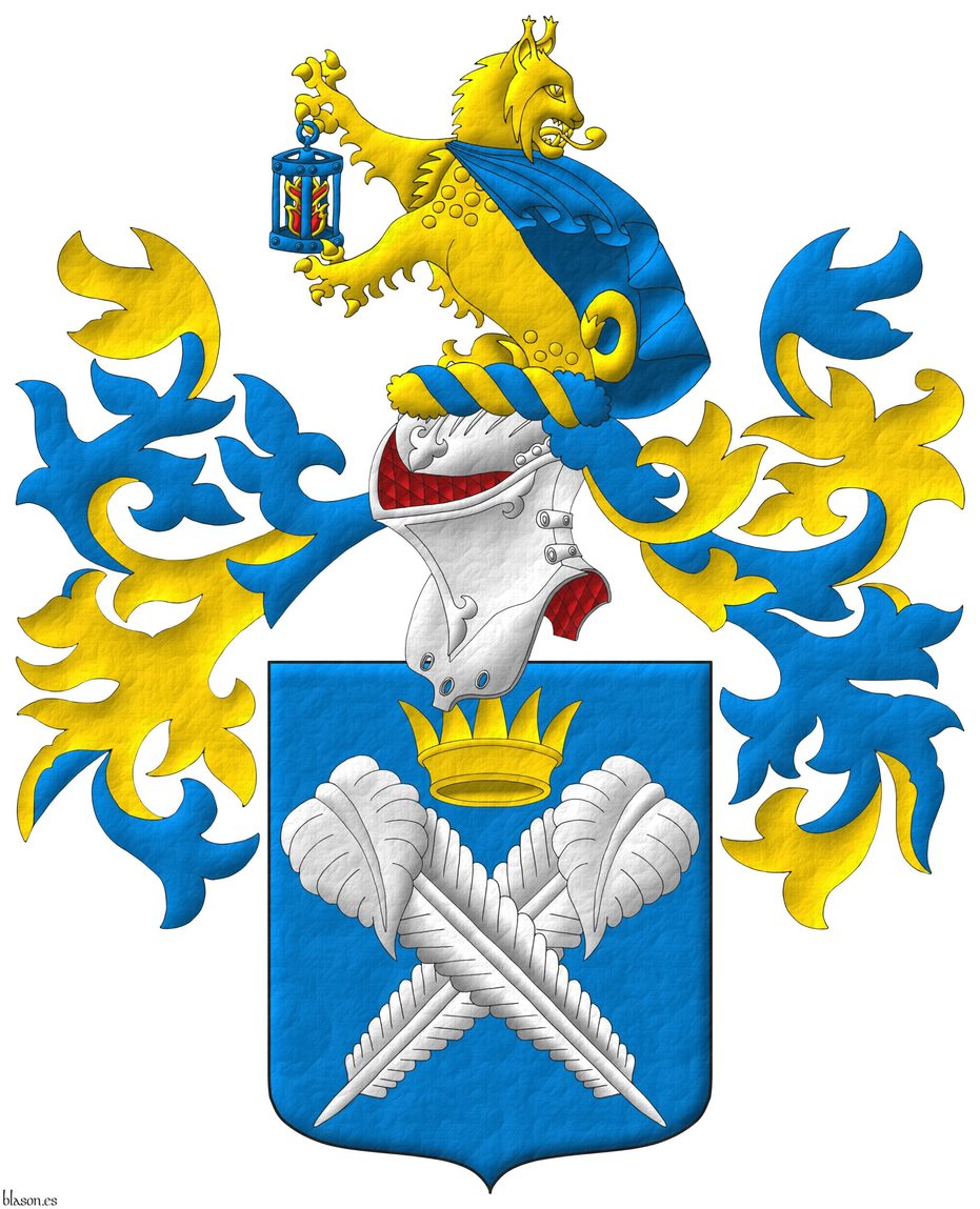 Azure, two quills in saltire Argent, in chief an ancient coronet Or. Crest: Upon a helm with a wreath Or and Azure, a demi-lynx regardant Or, caped Azure, maintaining in dexter a lantern Azure, enflamed proper. Mantling: Azure doubled Or.