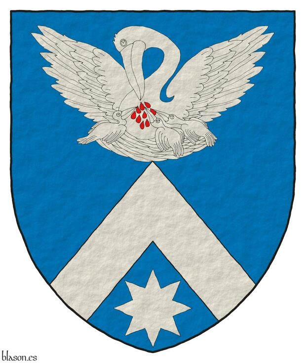 Azure, a chevron in base ensigned by a pelican in her piety Argent, vulned Gules, in base a mullet of eight points Argent.