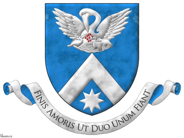 Azure, a chevron in base ensigned by a pelican in her piety Argent, vulned Gules, in base a mullet of eight points Argent. Motto: Finis amoris ut duo unum fiant Sable over a scroll Argent doubled Azure.