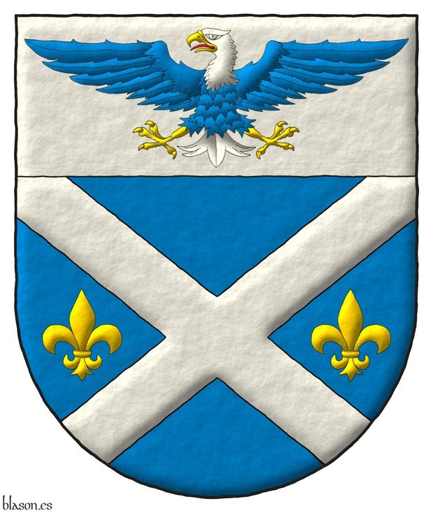 Escudo de azur, un sotuer de plata acompa�ado de dos flores de lis en faja de oro; en un jefe de plata, un �guila calva de azur, cabeza y cola de plata, picada, armada y membrada de oro, lampasada de gules.