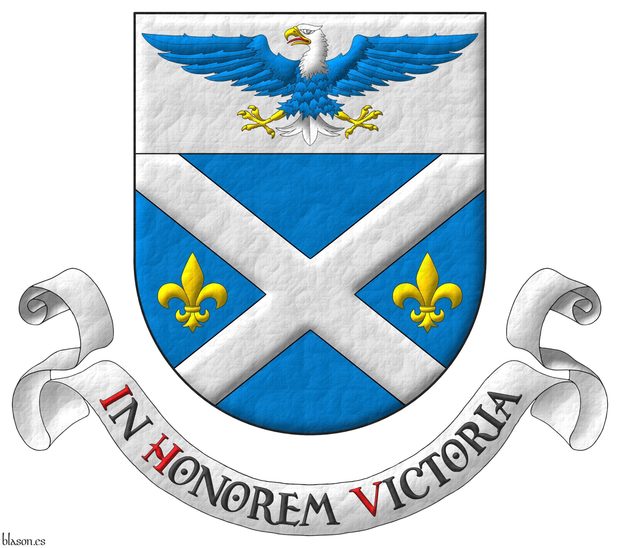 Azure, a saltire Argent between two fleurs de lis in fess Or; on a chief Argent, a bald eagle displayed Azure, head and tail Argent, beaked, armed and membered Or, langued Gules. Motto: �In Honorem Victoria� Sable, with initial letters Gules, over a scroll Argent.