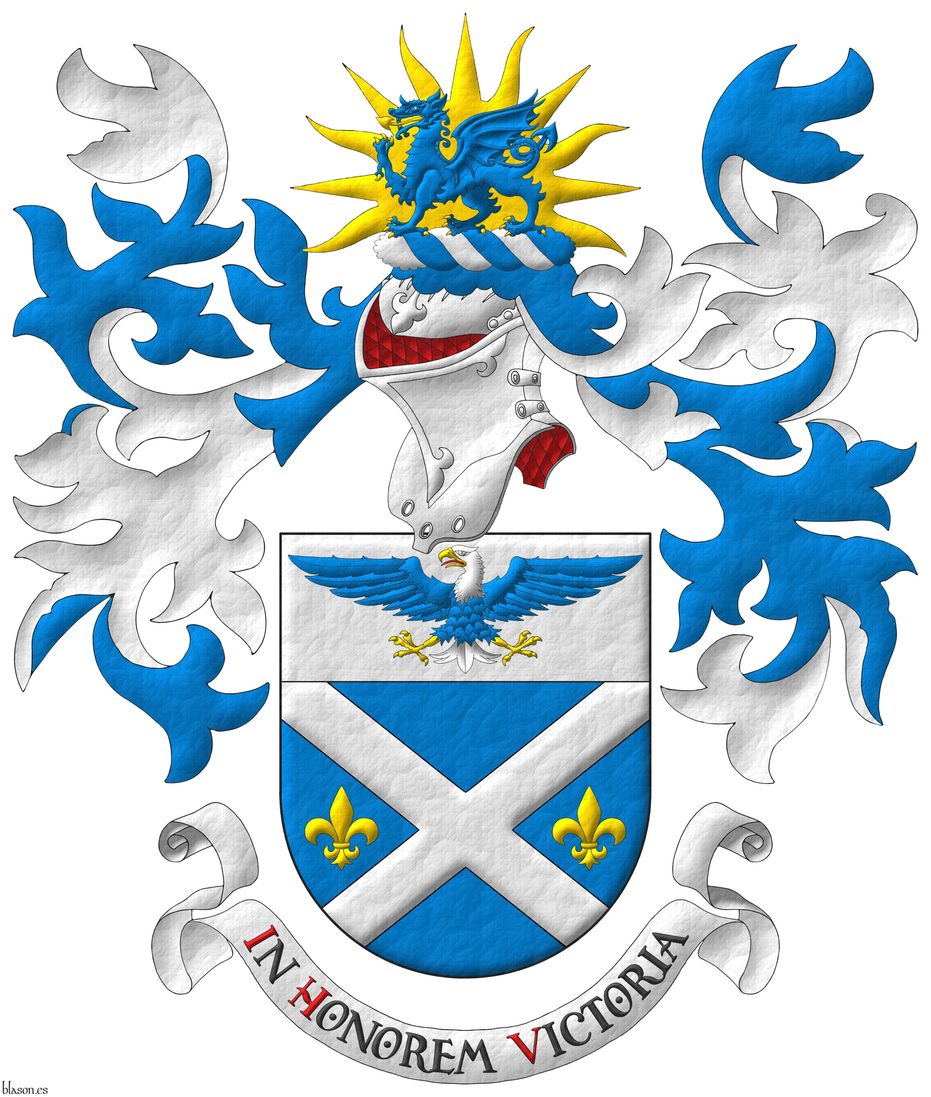 Azure, a saltire Argent between two fleurs de lis in fess Or; on a chief Argent, a bald eagle displayed Azure, head and tail Argent, beaked, armed and membered Or, langued Gules. Crest: Upon a helm with a wreath Argent and Azure, a dragon passant Azure, armed and langued Or; in front of a sun rising Or. Mantling: Azure doubled Argent. Motto: �In Honorem Victoria� Sable, with initial letters Gules, over a scroll Argent.