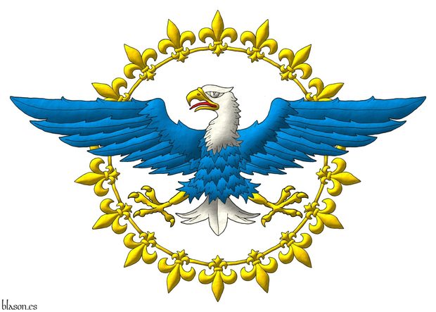 Un anillete flordelisado de oro, resaltado de un �guila calva de azur, cabeza y cola de plata, picada, armada y membrada de oro, lampasada de gules.