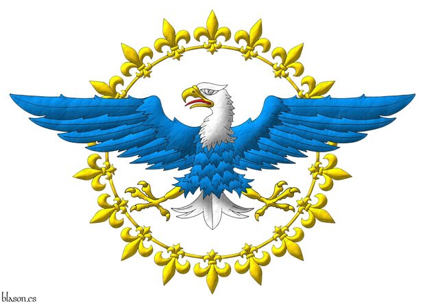 An annulet flory Or debruised by a bald eagle displayed Azure, head and tail Argent, beaked, armed and membered Or, langued Gules.