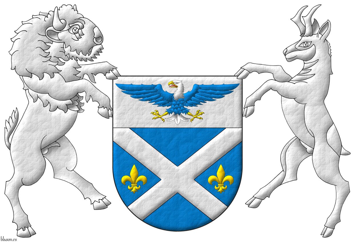 Azure, a saltire Argent between two fleurs de lis in fess Or; on a chief Argent, a bald eagle displayed Azure, head and tail Argent, beaked, armed and membered Or, langued Gules. Supporters: Dexter a binson and sinister a pronghorn Argent.