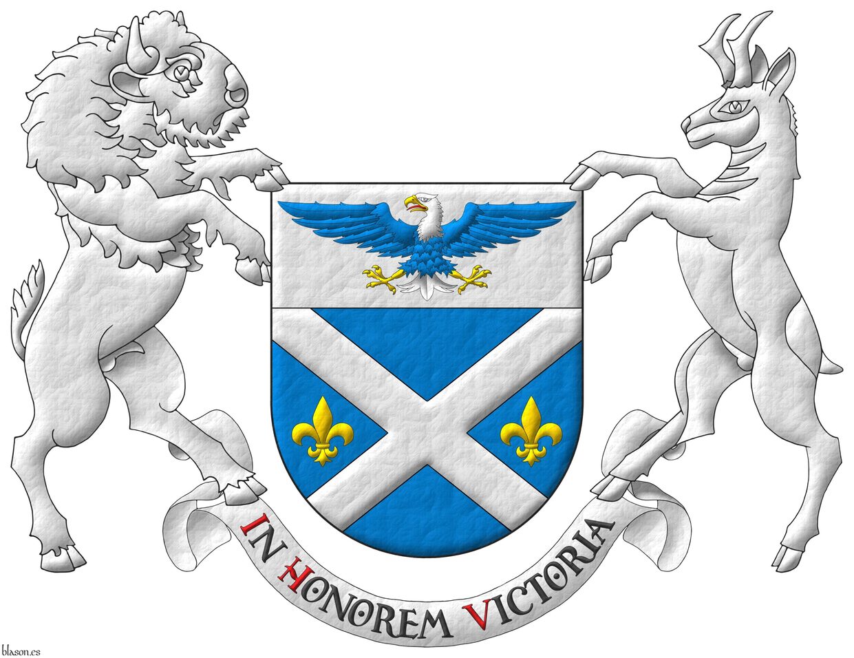 Azure, a saltire Argent between two fleurs de lis in fess Or; on a chief Argent, a bald eagle displayed Azure, head and tail Argent, beaked, armed and membered Or, langued Gules. Motto: �In Honorem Victoria� Sable, with initial letters Gules, over a scroll Argent. Supporters: Dexter a binson and sinister a pronghorn Argent.