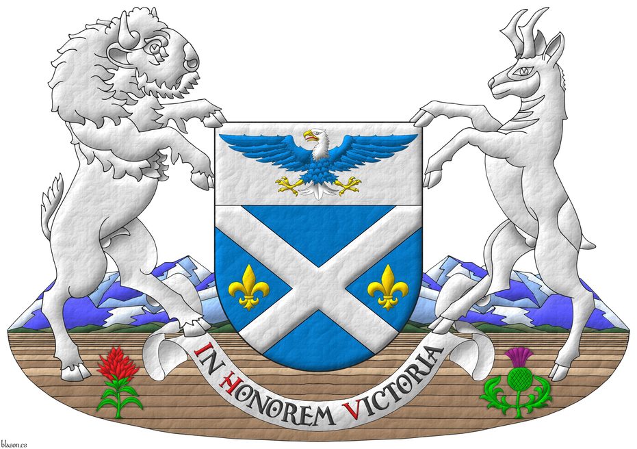 Azure, a saltire Argent between two fleurs de lis in fess Or; on a chief Argent, a bald eagle displayed Azure, head and tail Argent, beaked, armed and membered Or, langued Gules. Motto: �In Honorem Victoria� Sable, with initial letters Gules, over a scroll Argent. Supporters: Dexter a binson and sinister a pronghorn Argent, terraced by rocky mountains and great plains charged with, in dexter, an Indian paintbrush, and in siniester, a thistle proper.