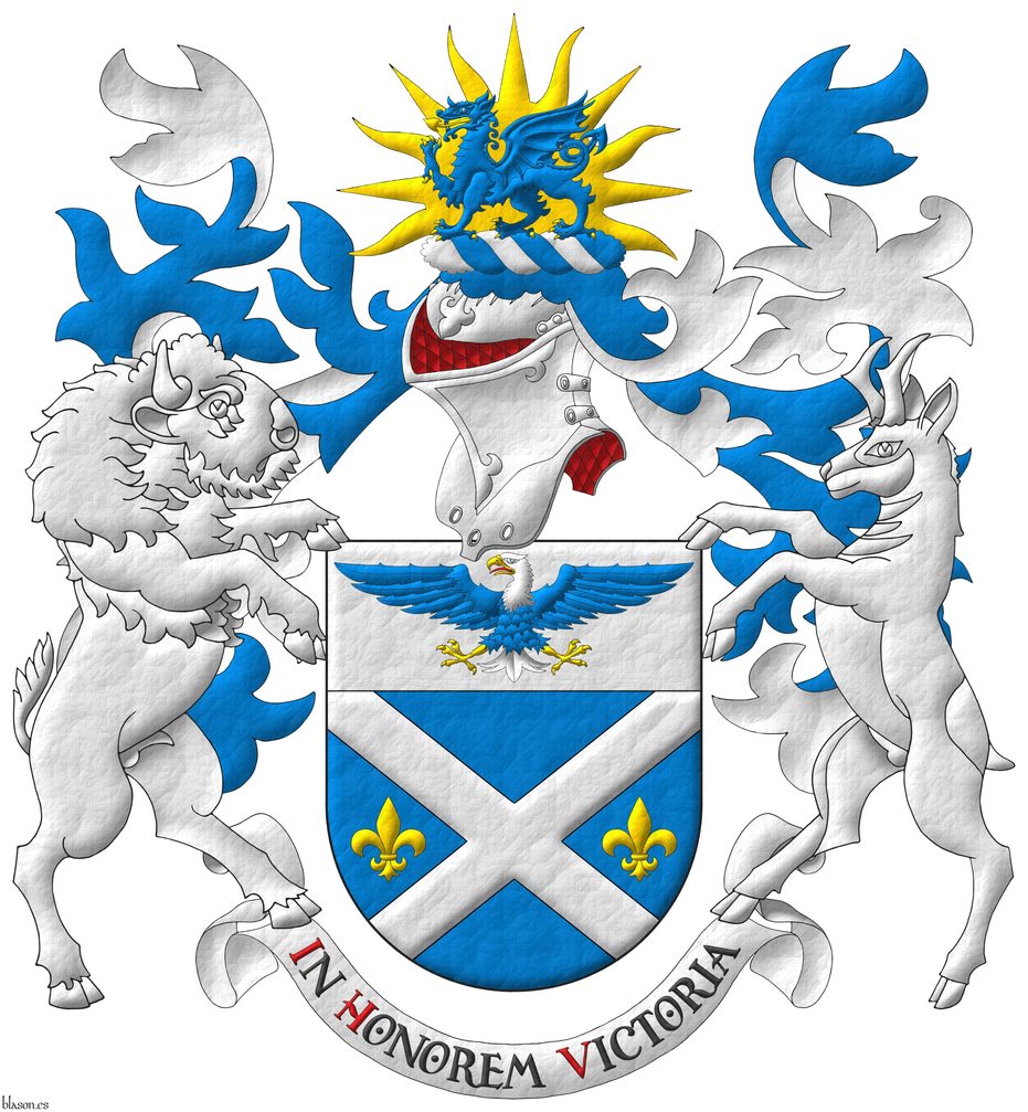 Azure, a saltire Argent between two fleurs de lis in fess Or; on a chief Argent, a bald eagle displayed Azure, head and tail Argent, beaked, armed and membered Or, langued Gules. Crest: Upon a helm with a wreath Argent and Azure, a dragon passant Azure, armed and langued Or; in front of a sun rising Or. Mantling: Azure doubled Argent. Motto: �In Honorem Victoria� Sable, with initial letters Gules, over a scroll Argent. Supporters: Dexter a binson and sinister a pronghorn Argent.