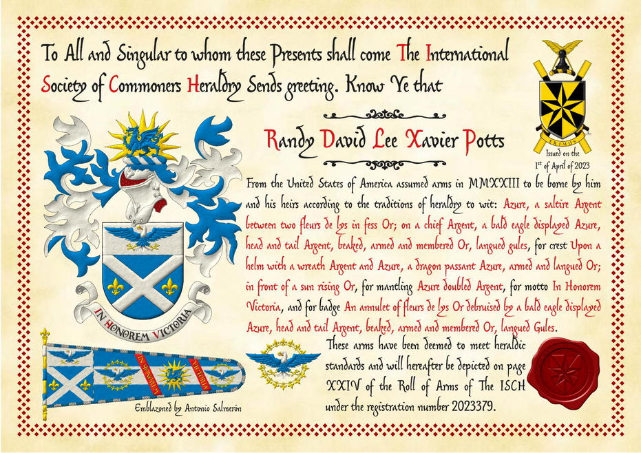 Escudo de azur, un sotuer de plata acompa�ado de dos flores de lis en faja de oro; en un jefe de plata, un �guila calva de azur, cabeza y cola de plata, picada, armada y membrada de oro, lampasada de gules. Timbrado de un yelmo adornado de dos lambrequines de azur doblados de plata, un burelete de plata y azur, cimado de un sol naciente de oro, resaltado de un drag�n pasante de azur, armado y lampasado de oro. Lema: �In Honorem Victoria� de sable, con las letras iniciales de gules, sobre una filacteria de plata. Insignia: Un anillete flordelisado de oro, resaltado de un �guila calva de azur, cabeza y cola de plata, picada, armada y membrada de oro, lampasada de gules.