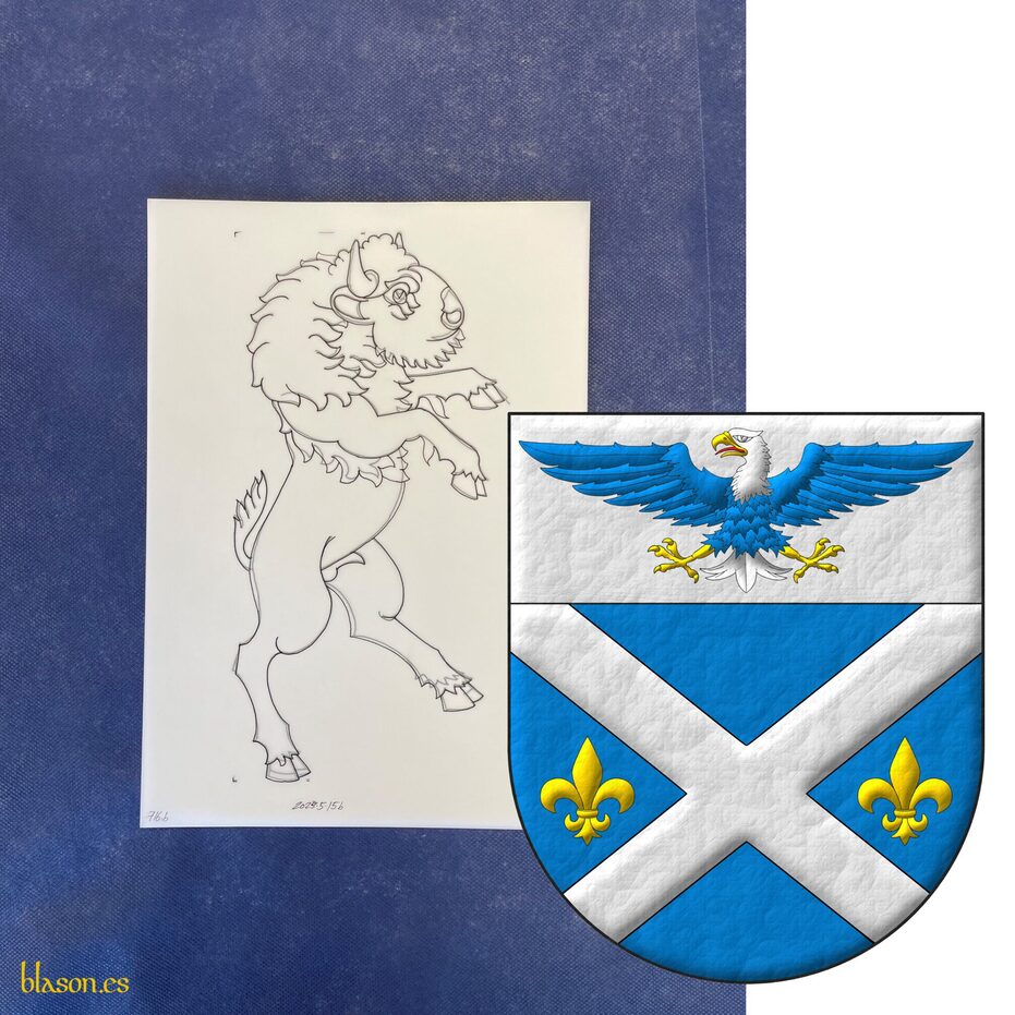 Azure, a saltire Argent between two fleurs de lis in fess Or; on a chief Argent, a bald eagle displayed Azure, head and tail Argent, beaked, armed and membered Or, langued Gules. Supporter: Dexter, a binson Argent.