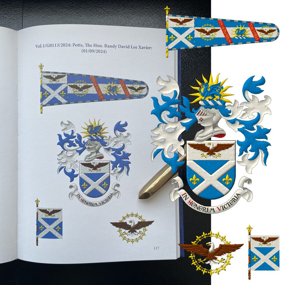 Escudo de azur, un sotuer de plata acompa�ado de dos flores de lis en faja de oro; en un jefe de plata, un �guila calva al natural. Timbrado de un yelmo acorde con su rango adornado de dos lambrequines de azur doblados de plata, un burelete de plata y azur, cimado de un sol naciente de oro, cargado de un drag�n pasante de azur, armado y lampasado de gules. Lema: �In Honorem Victoria� de sable, con las letras iniciales de gules, sobre una filacteria de plata.