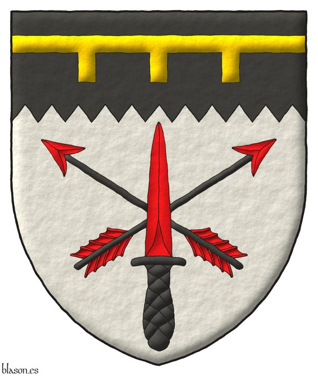 Argent, two arrows points upwards in saltire Sable, barbed and feathered Gules, surmounted of a commando dagger point upwards in pale Gules, hilted and pommelled Sable; on a chief indented Sable, a label of three points Or.