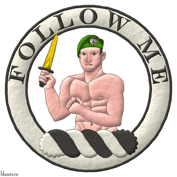 Upon a wreath Argent and Sable, a demi-man proper wearing a beret Vert and grasping in his dexter hand a commando dagger point upwards Or, hilted and pommelled Sable, surrounded by an annulet Argent, fimbriated and inscribed in chief with the motto «Follow me» Sable.
