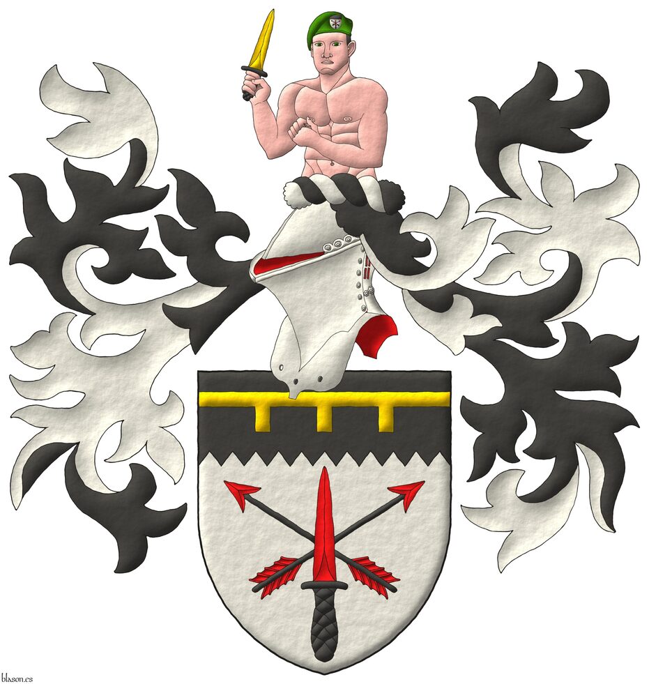 Argent, two arrows points upwards in saltire Sable, barbed and feathered Gules, surmounted of a commando dagger point upwards in pale Gules, hilted and pommelled Sable; on a chief indented Sable, a label of three points Or. Crest: Upon a helm with a wreath Argent and Sable, a demi-man proper, wearing a beret Vert, grasping in his dexter hand a commando dagger point upwards Or, hilted and pommelled Sable. Mantling: Sable doubled Argent.