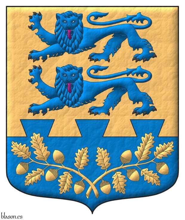 Or, two lions passant, guardant in pale Azure, armed Sable, langued Gules; in a base dovetailed Azure, two oak branches, leaved, fructed in pile Or.