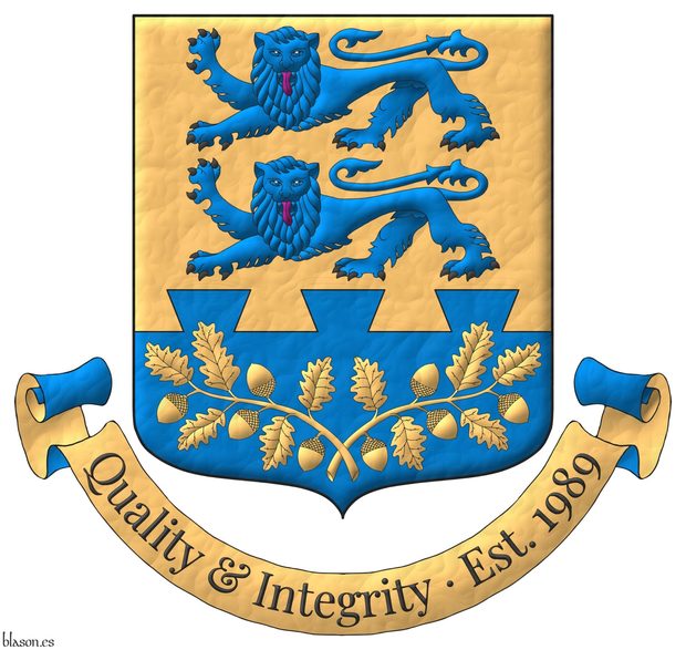 Escudo de oro, dos leopardos en palo de azur, armados de sable, lampasados de gules; en una punta encajada de colas de milano dos ramas de roble, hojadas y frutadas en pila de oro. Lema: �Quality & Integrity � Est. 1989� de sable, sobre una filacteria de oro doblada de azur.
