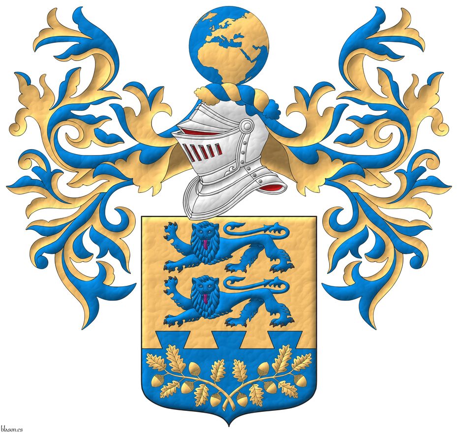 Escudo de oro, dos leopardos en palo de azur, armados de sable, lampasados de gules; en una punta encajada de colas de milano dos ramas de roble, hojadas y frutadas en pila de oro. Timbrado de un yelmo adornado de dos lambrequines de azur doblados oro, un burelete de oro y azur, cimado de un globo terr�queo de azur, los continentes de oro, visible Europa.