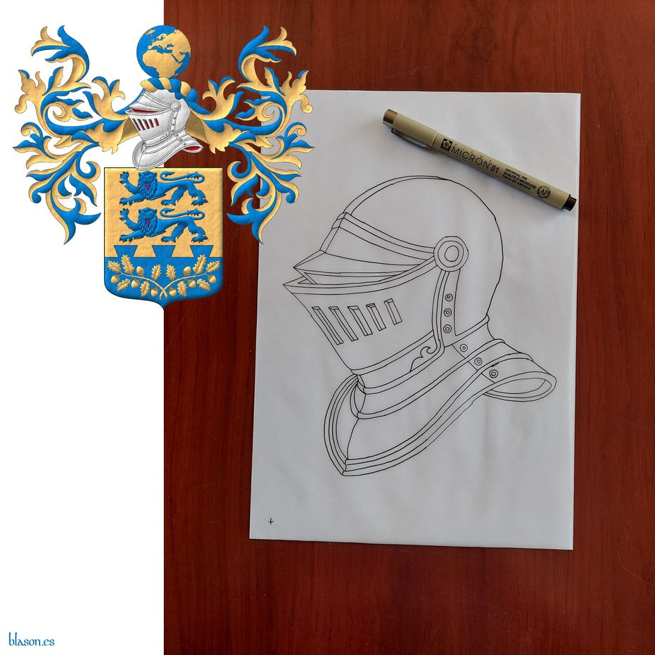 Escudo de oro, dos leopardos en palo de azur, armados de sable, lampasados de gules; en una punta encajada de colas de milano dos ramas de roble, hojadas y frutadas en pila de oro. Timbrado de un yelmo adornado de dos lambrequines de azur doblados oro, un burelete de oro y azur, cimado de un globo terr�queo de azur, los continentes de oro, visible Europa.